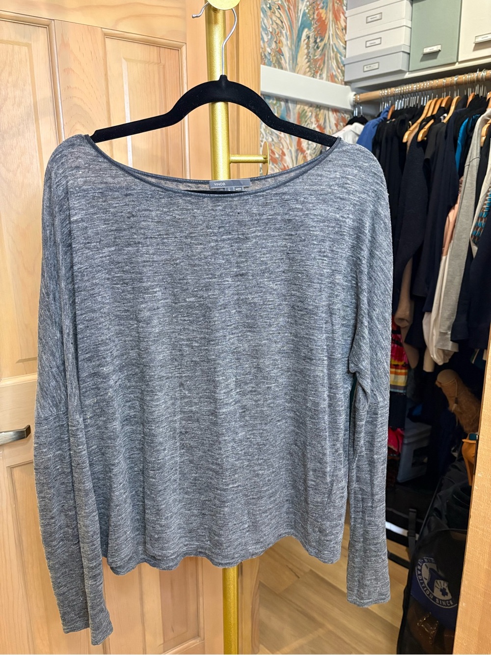 Vince Linen Lightweight Gray Long-Sleeve Women’s Top Leather Trim
